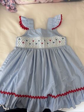 Blue Pinstriped Smocked Sundress with Red Trim and Star Embroidery